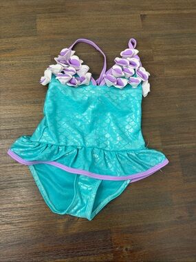 Floatimini Turquoise Mermaid Swimsuit with Purple and White Ruffle Straps
